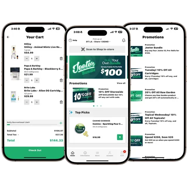 Three mobile phone screens displaying a shopping app's cart, home page with promotions, and a list of active discounts.