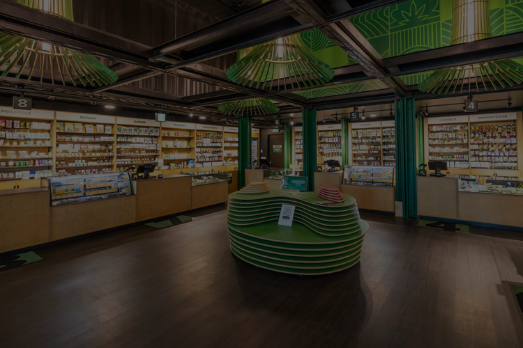 Interior of a retail store with wooden shelves displaying products, green hanging lights, and a central green bench.