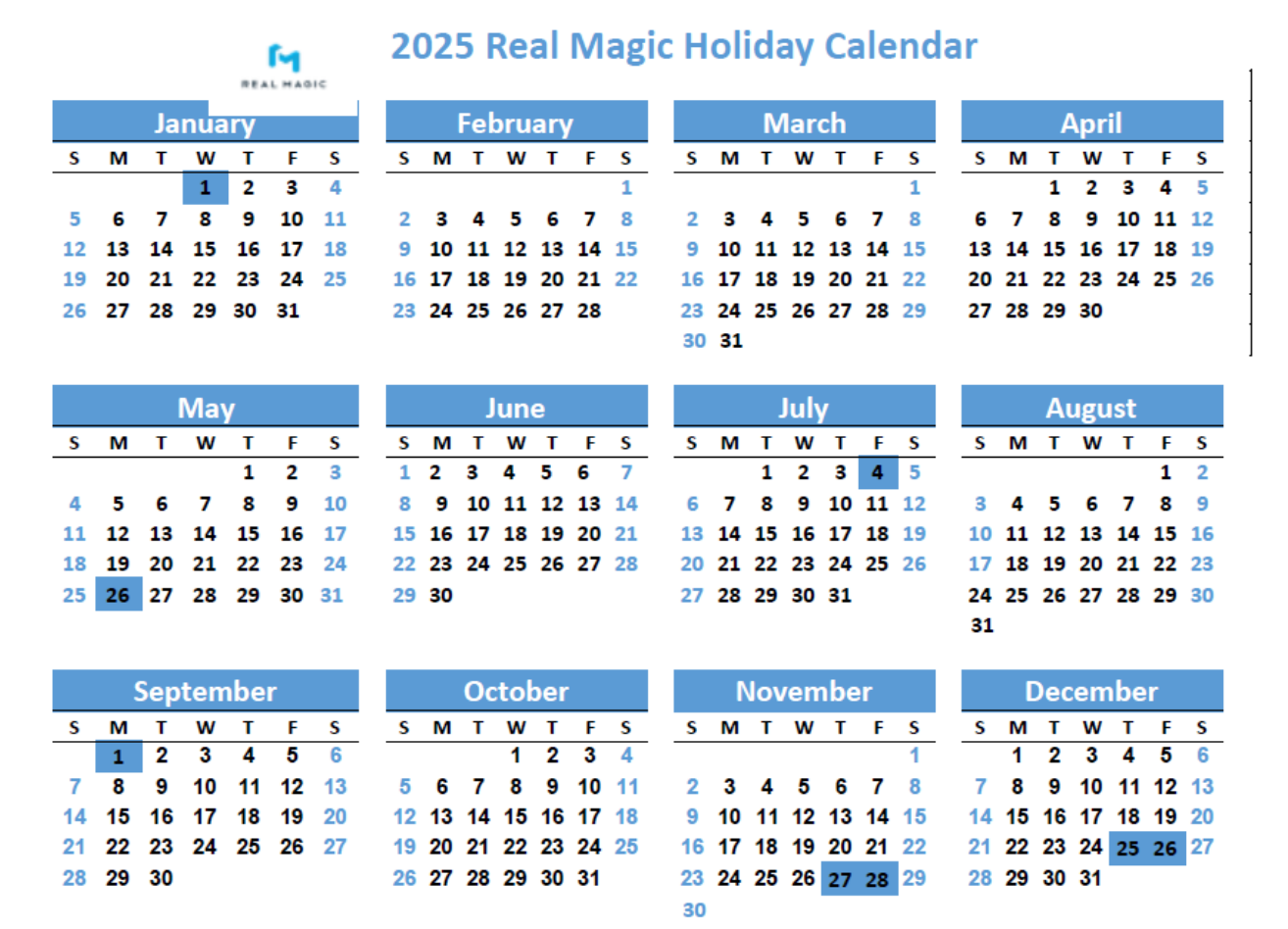 2025 calendar with blue holiday dates marked, in a grid format.