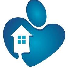 Blue heart with a white house inside, and a blue person shape above.