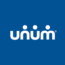Unum logo: White wordmark with three stylized figures, on a blue background.