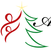 Red ribbons, green Christmas tree with gold star, and cursive