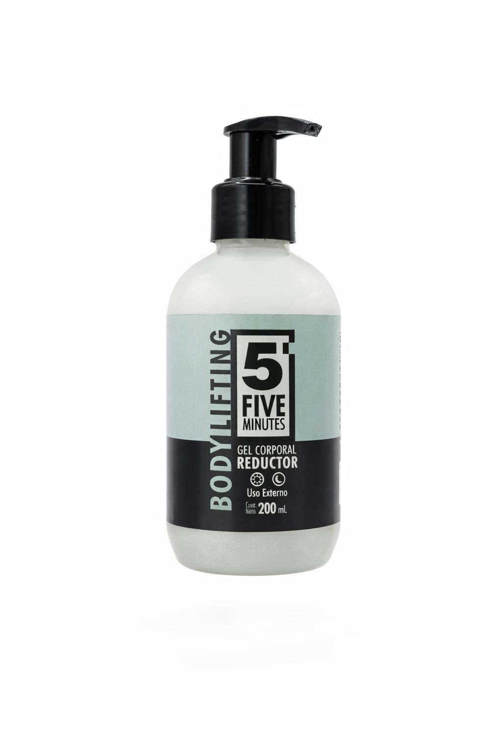 Botella de crema body lift con bomba negra y etiqueta: 