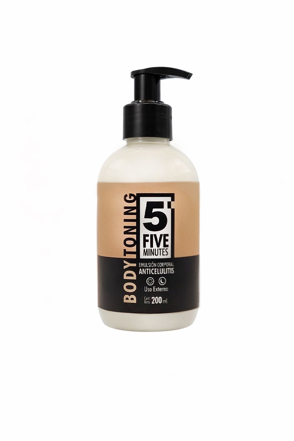 Loción tonificante corporal con dosificador. Etiqueta marrón, negra y blanca. 200 ml.