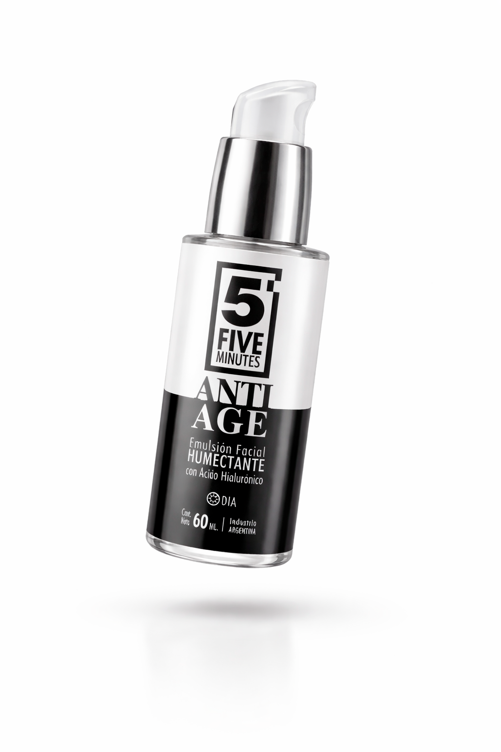 Frasco de suero facial antiedad con dosificador plateado. Diseño en blanco y negro con el texto 