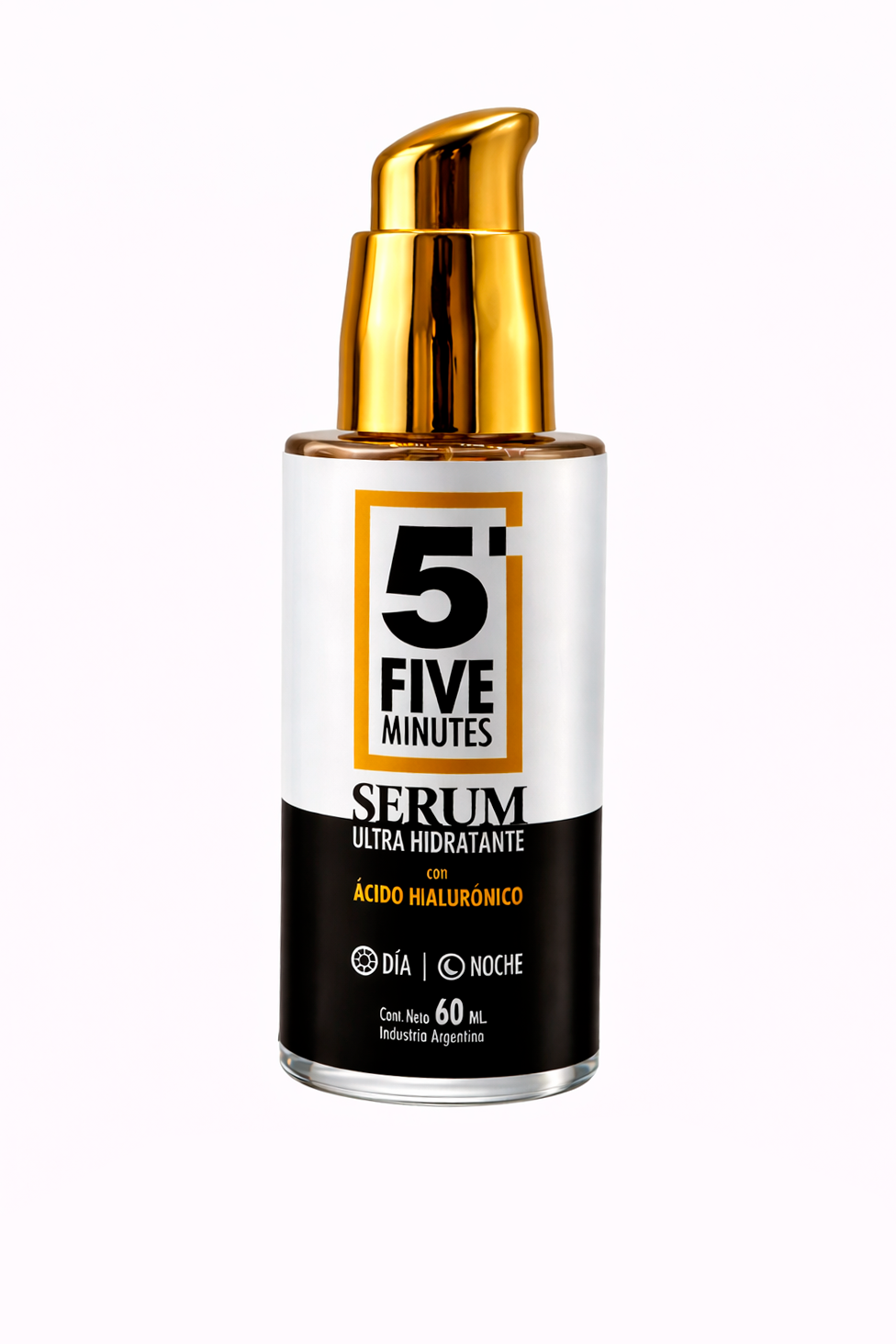 Botella de suero con bomba dorada, etiqueta blanca y negra, texto 