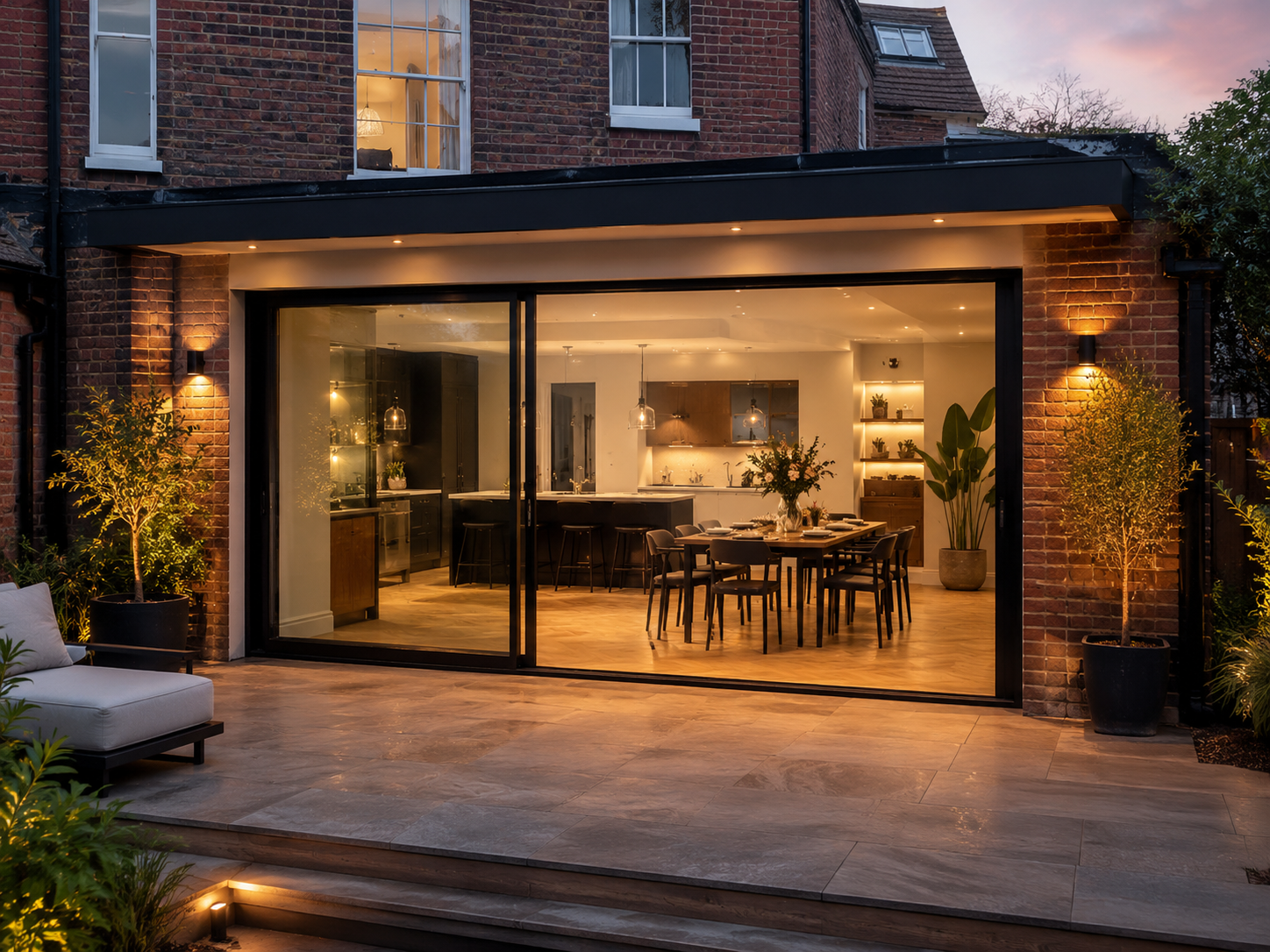 Modern brick home with large glass doors opening to a warmly lit kitchen and dining area at dusk