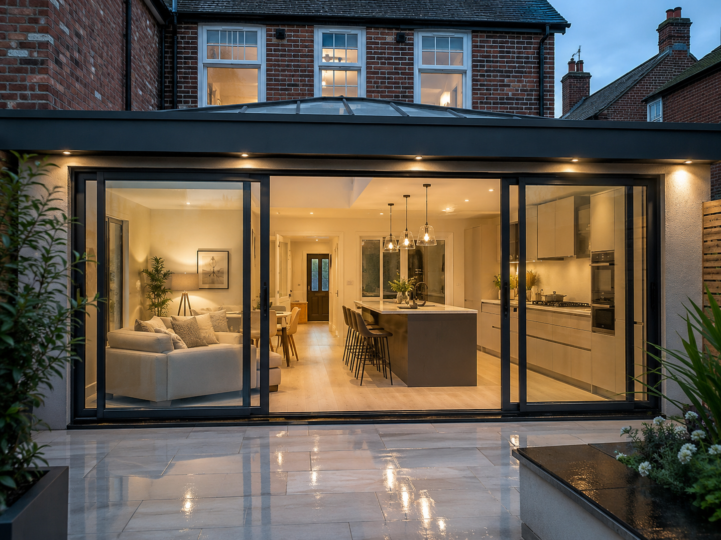 Modern glass-walled home at dusk with a lit open-plan kitchen and dining area facing a wet patio.