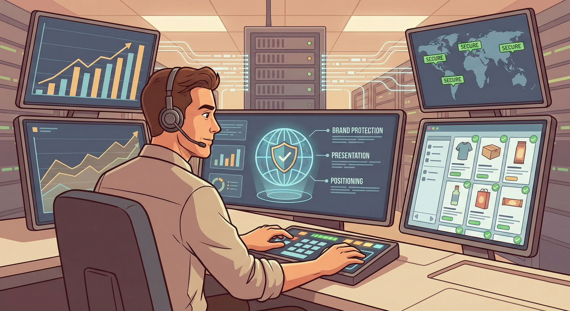 Professional monitoring Amazon brand management pillars: protection, presentation, and positioning.