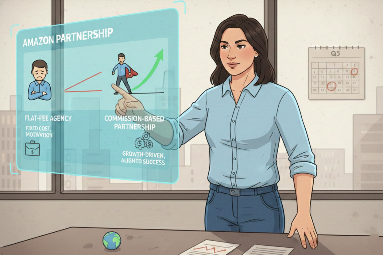 Woman comparing Amazon flat-fee agency vs. commission-based partnership growth on a digital chart