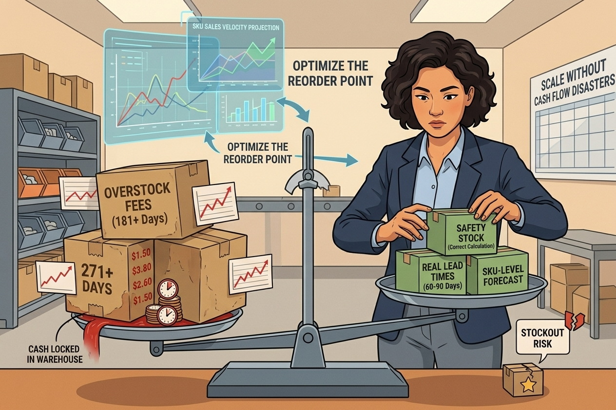 E-commerce business owner balancing overstock fees and safety stock for Amazon inventory forecasting
