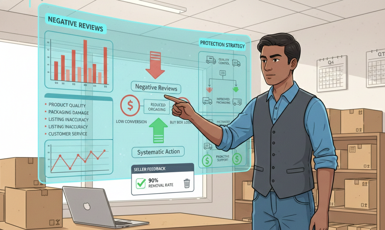 An illustrative scene of an Amazon seller in a warehouse analyzing a digital interface showing a 