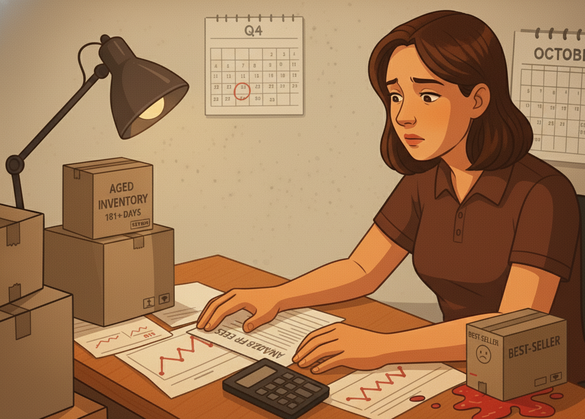 Stressed woman working at desk as she calculates the amazon fees that are destroying her margins