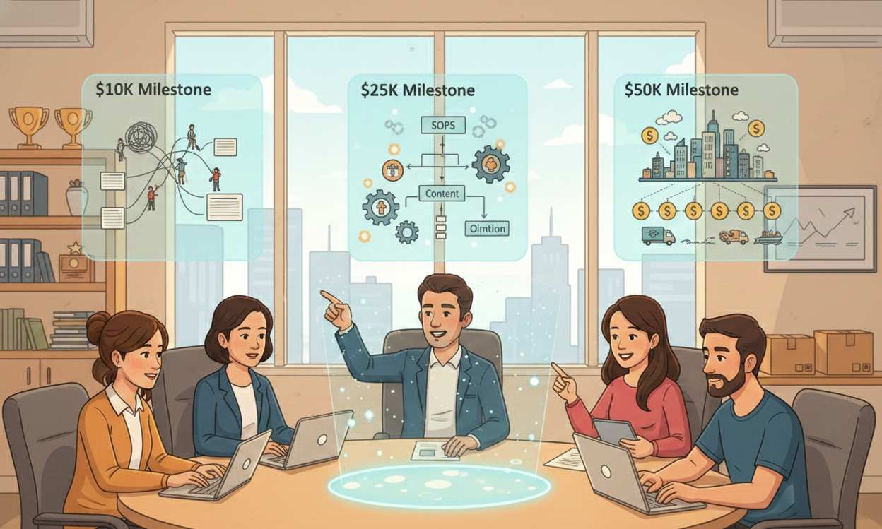 An ecommerce entrepreneur pointing at a large whiteboard titled Amazon Scaling Framework.