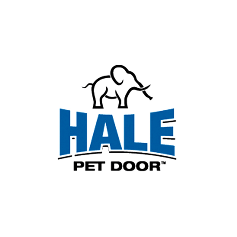 Hale Pet Door logo with blue text, elephant icon, and curved base.