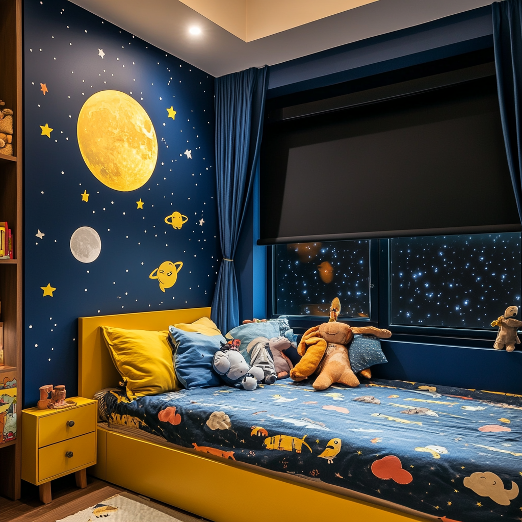 blackout blind fitting in children's room to reduce sun light.