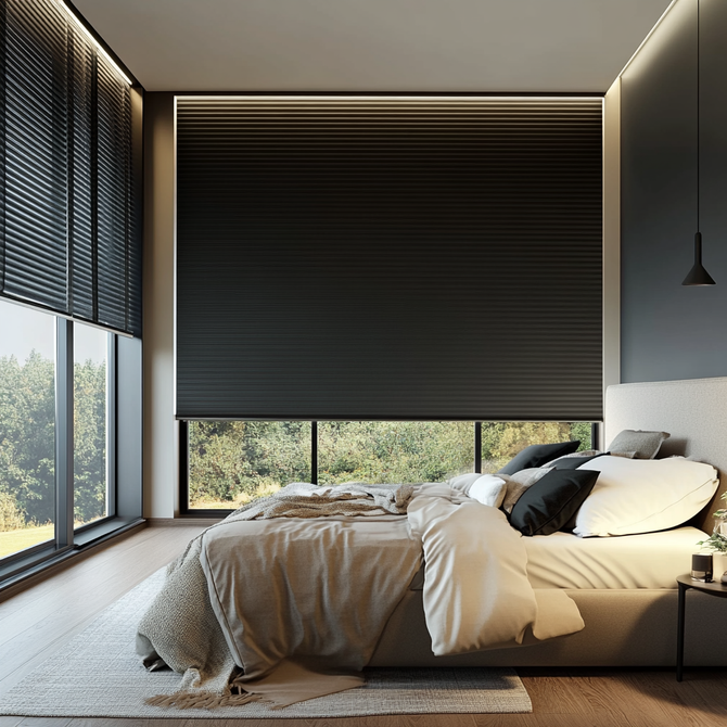 Custom blackout blinds perfectly fitted in a modern bedroom, blocking light for better sleep.