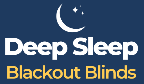 The logo for deep sleep blackout blinds shows a crescent moon and stars.