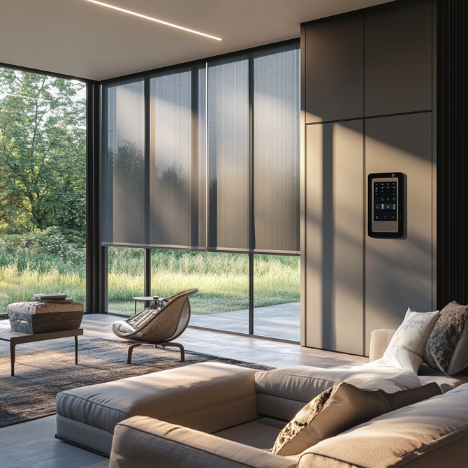 Motorised blackout blinds in a luxury living room, controlled by a sleek smart panel.