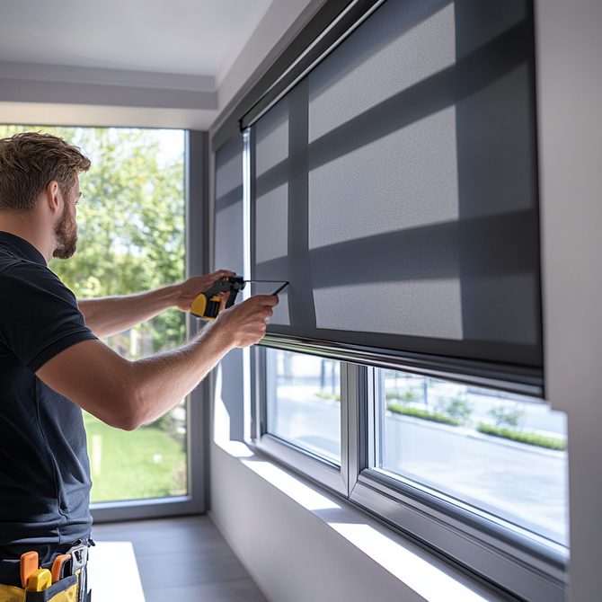 A professional installer fitting blackout blinds in a bright room, ensuring precise installation.