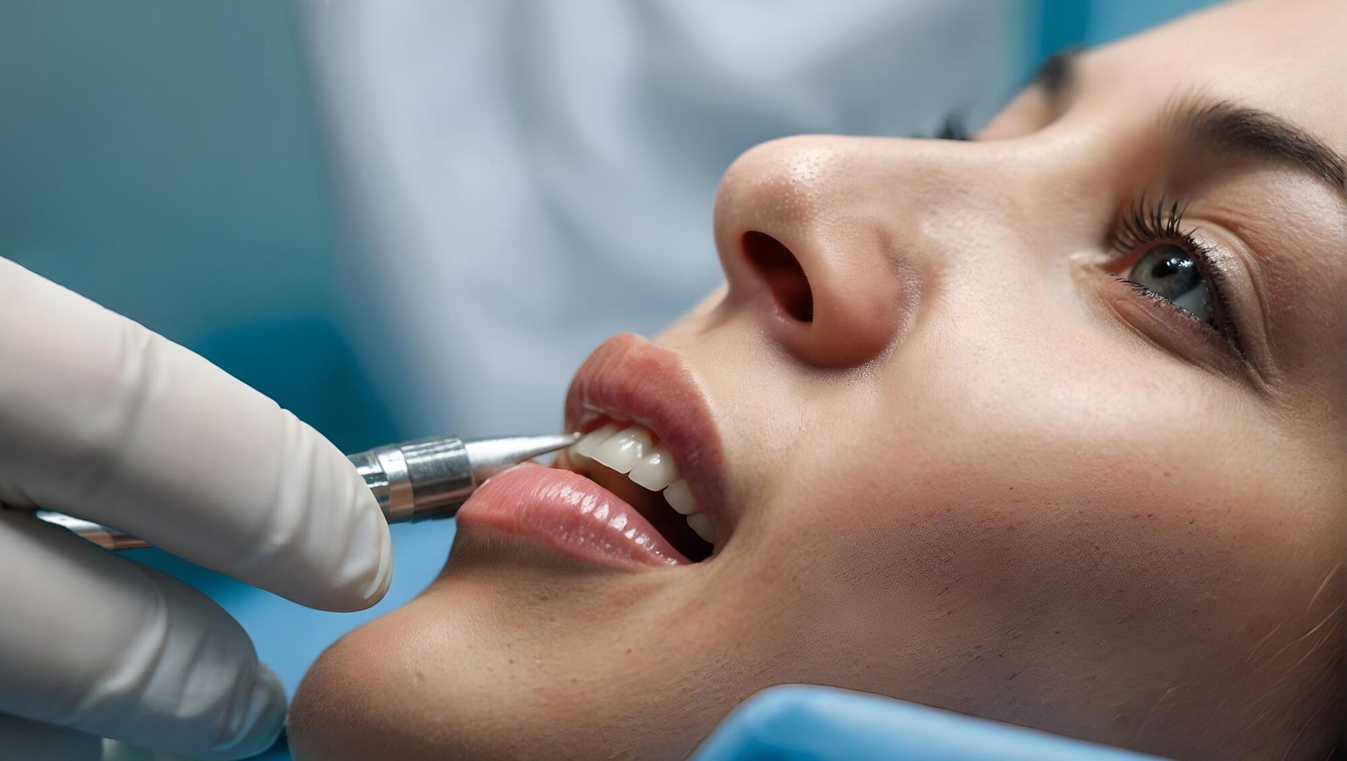 A woman is getting her teeth examined by a dentist.