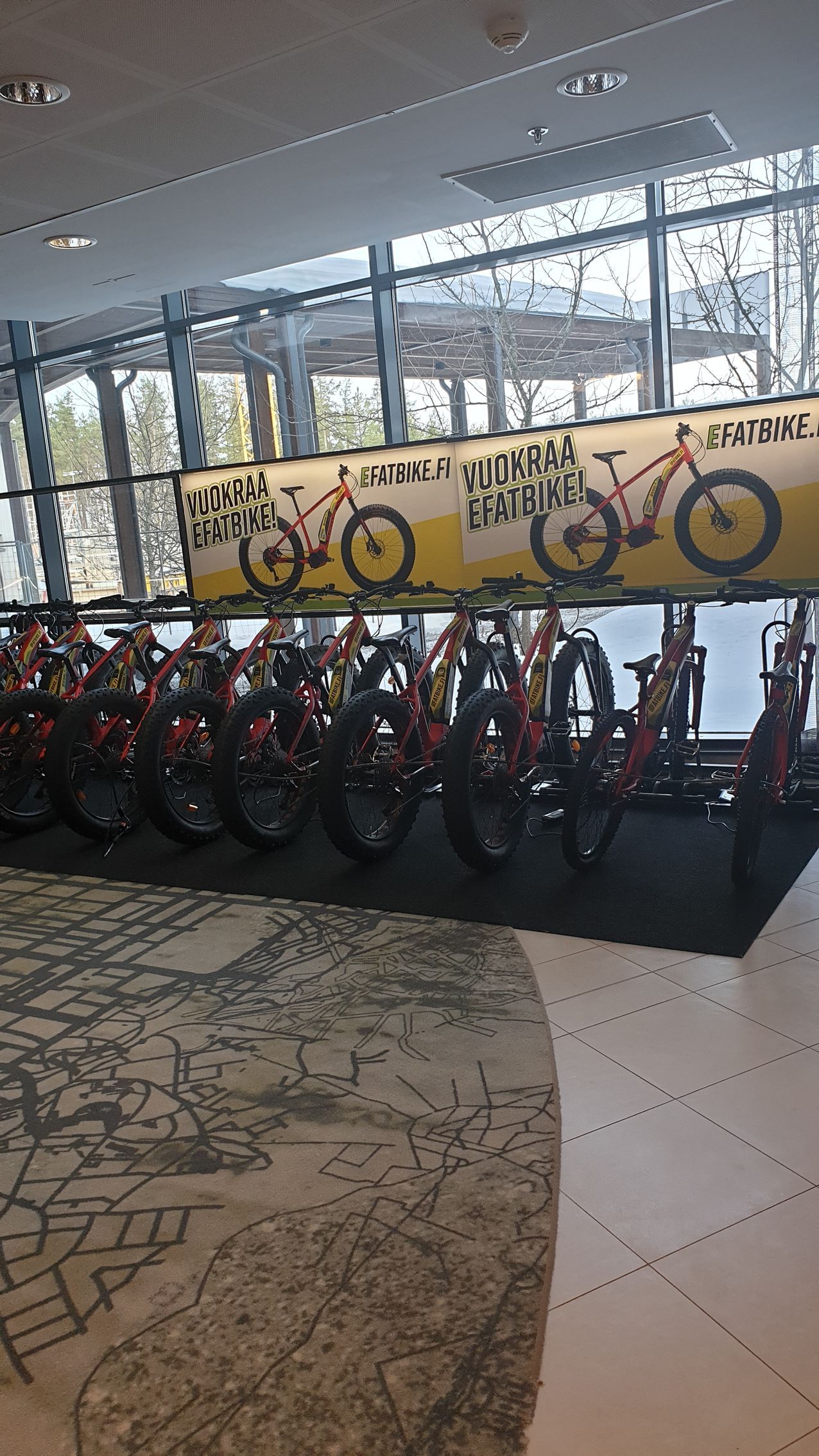 A row of bicycles are lined up in a room.