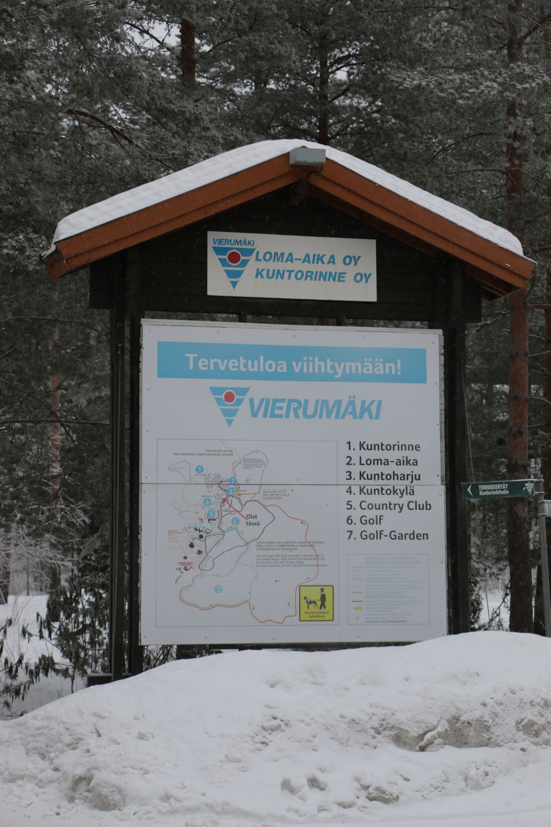 A sign in the snow says tervetuloa
