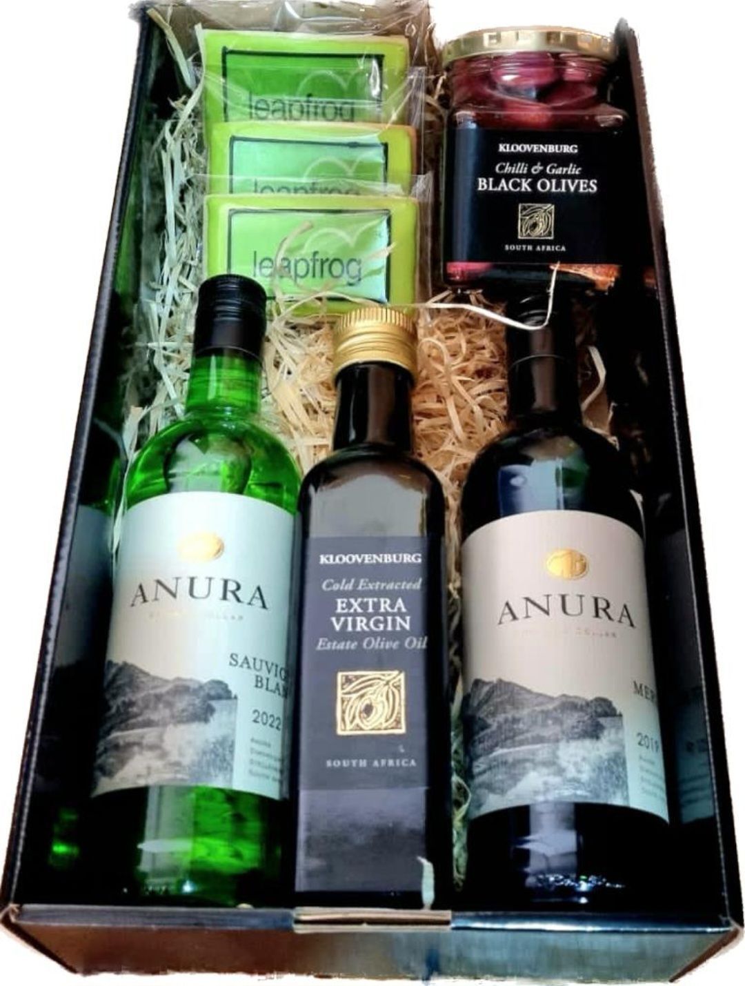 Two bottles of Anura extra virgin olive oil are in a box as supplied by BlinC Corporate Gifts..