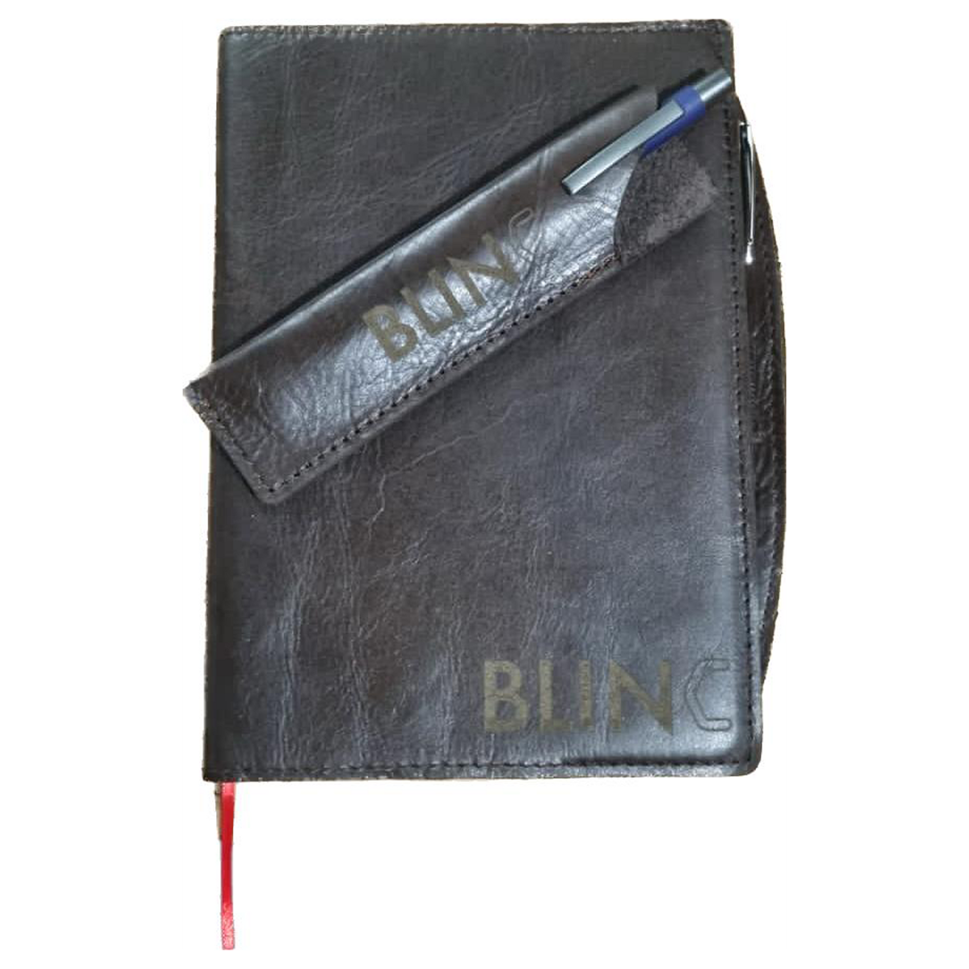 A black leather bound book with a pen in the pocket