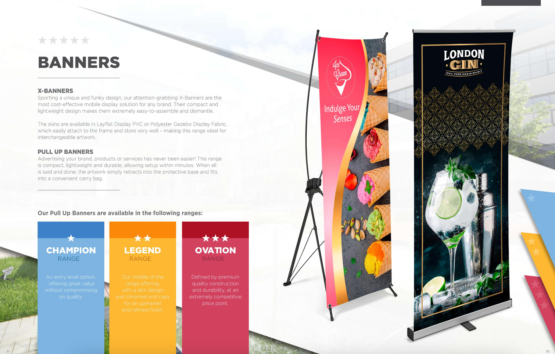 A bunch of different types of banners are sitting on a table.