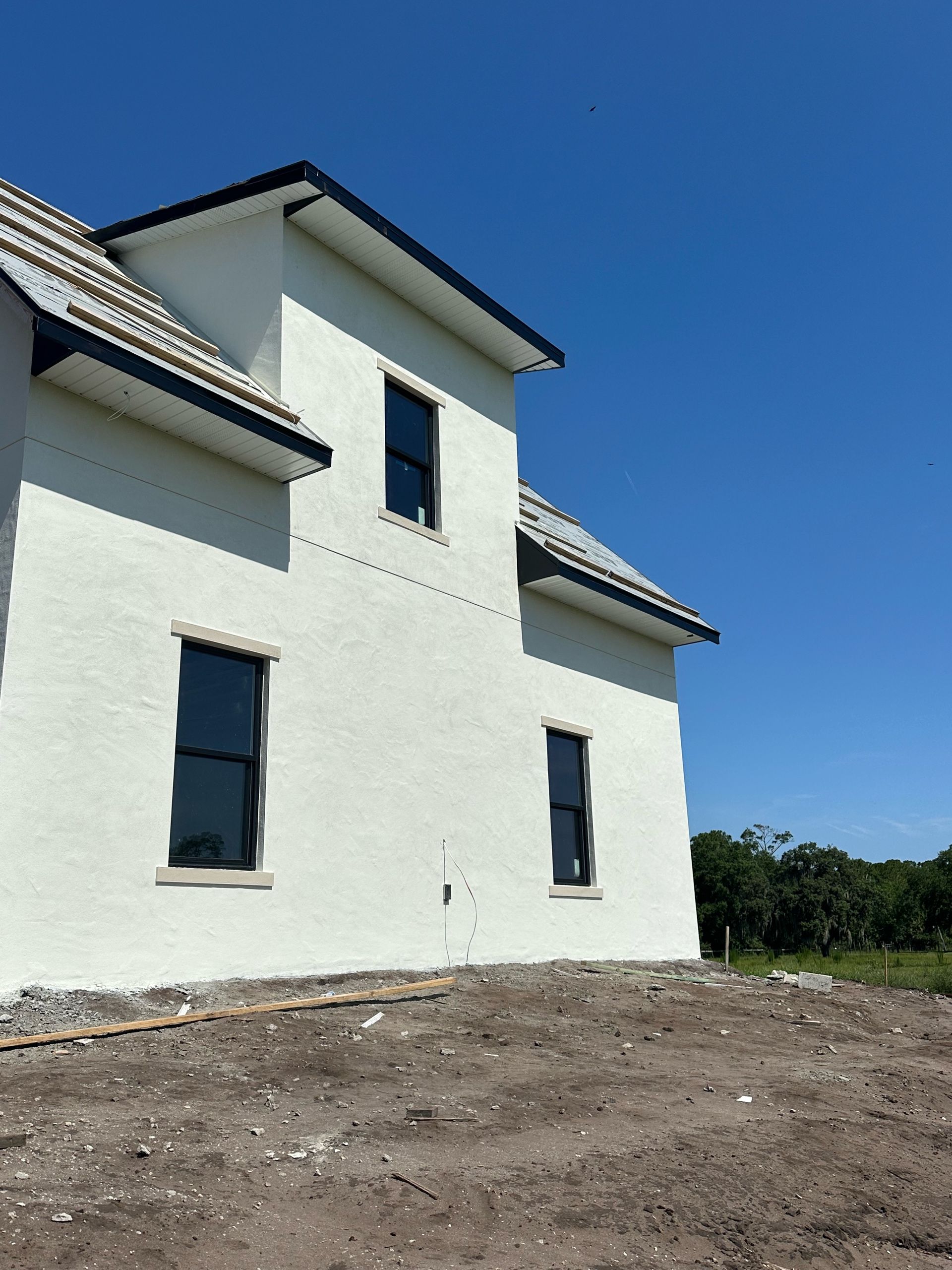A white house with a blue sky in the background