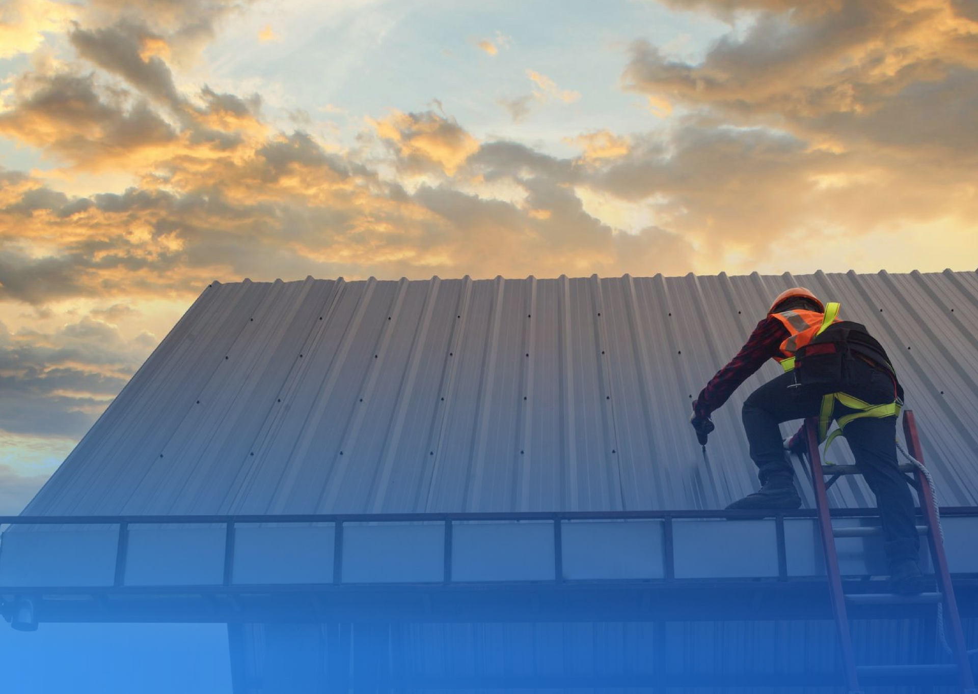 A man is standing on a ladder on top of a metal roof.