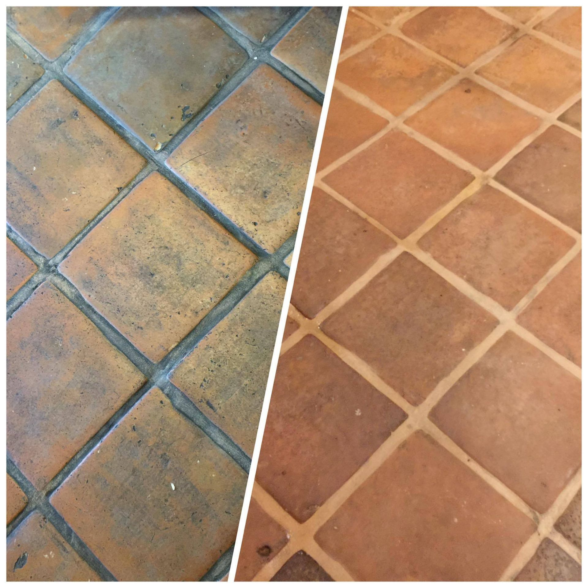 A before and after photo of a tile floor