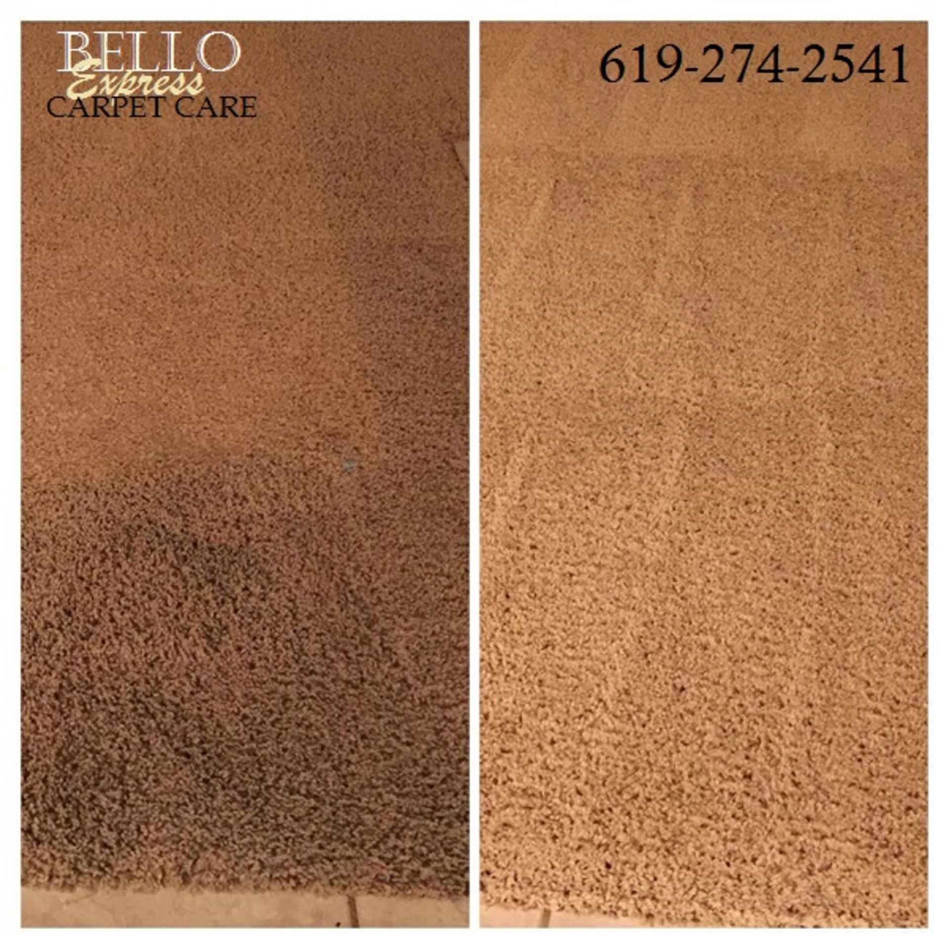A before and after picture of a brown carpet being cleaned by bello express carpet care