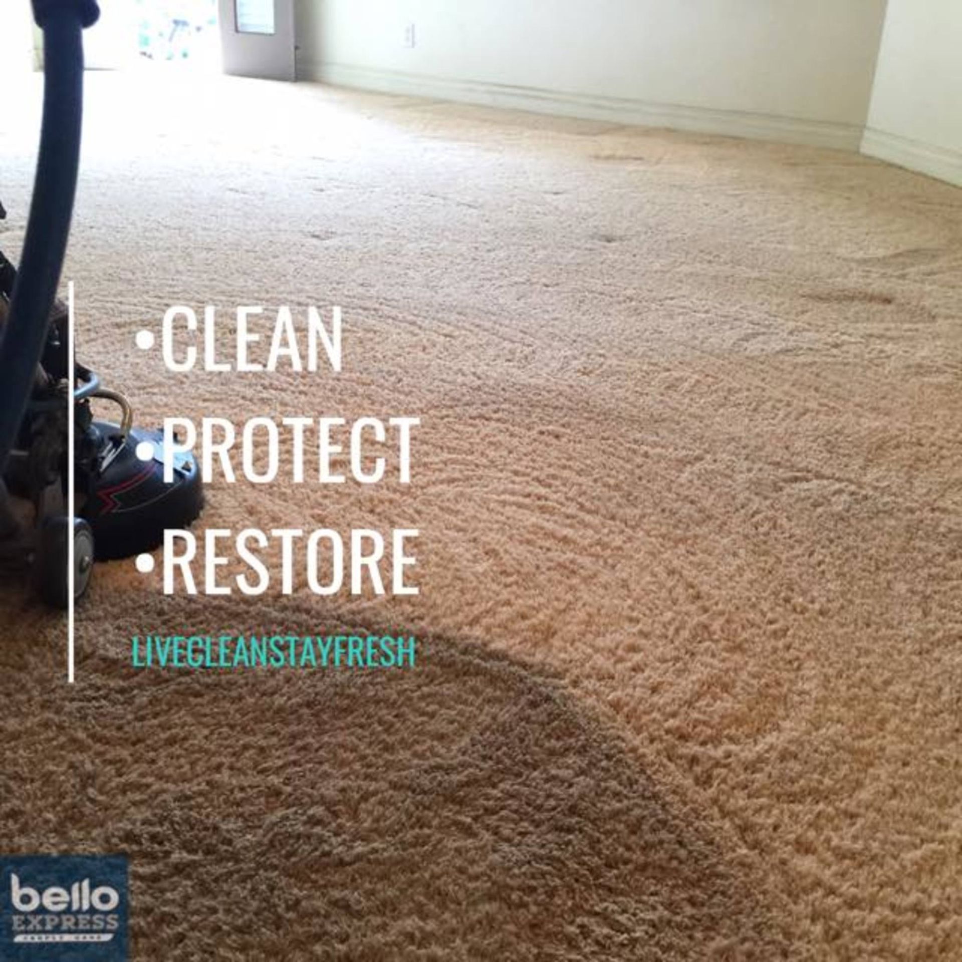 A vacuum cleaner is sitting on a carpet that says clean protect restore