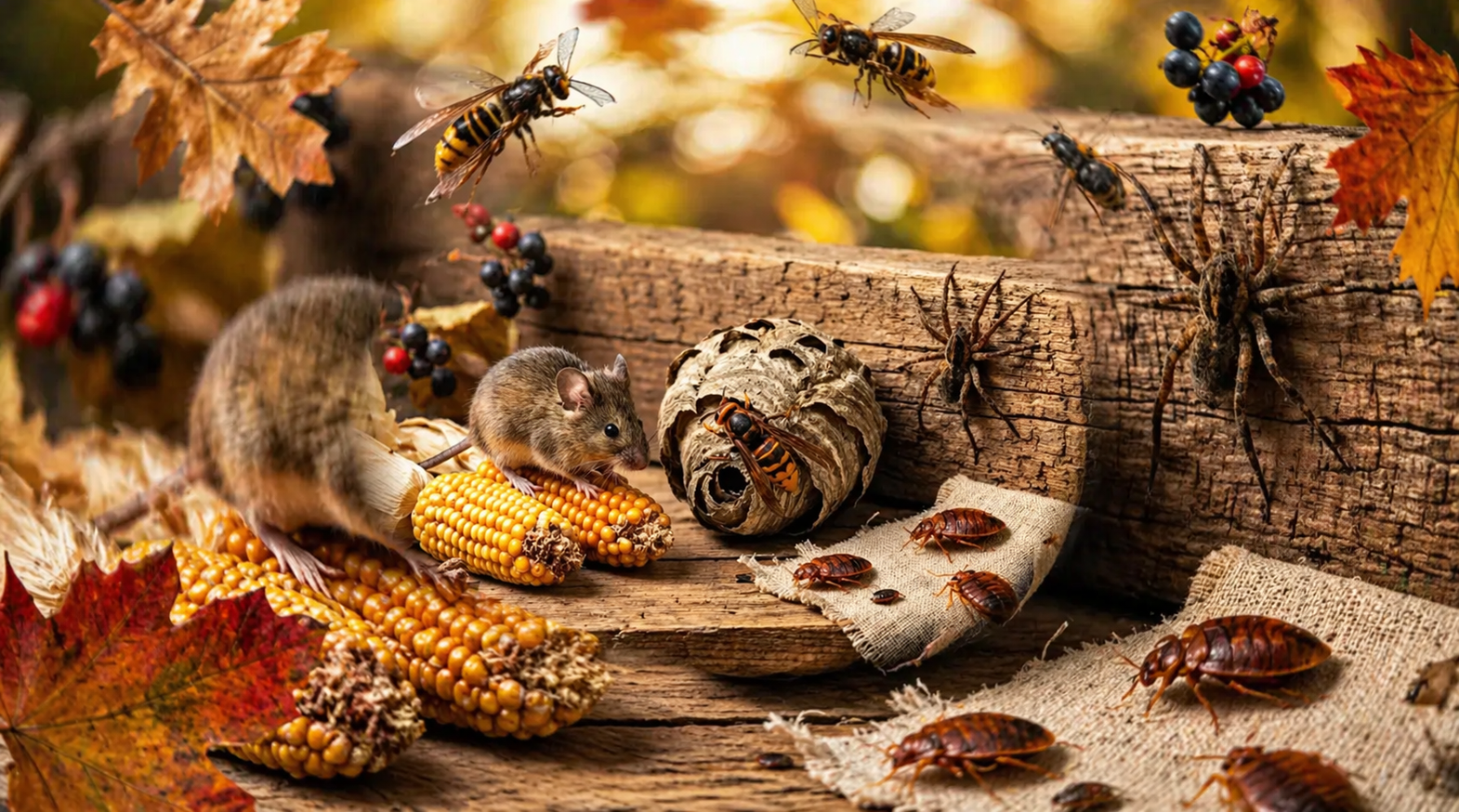 Autumn still life with a cat and a hedgehog on pumpkins, corn, and leaves by a log.