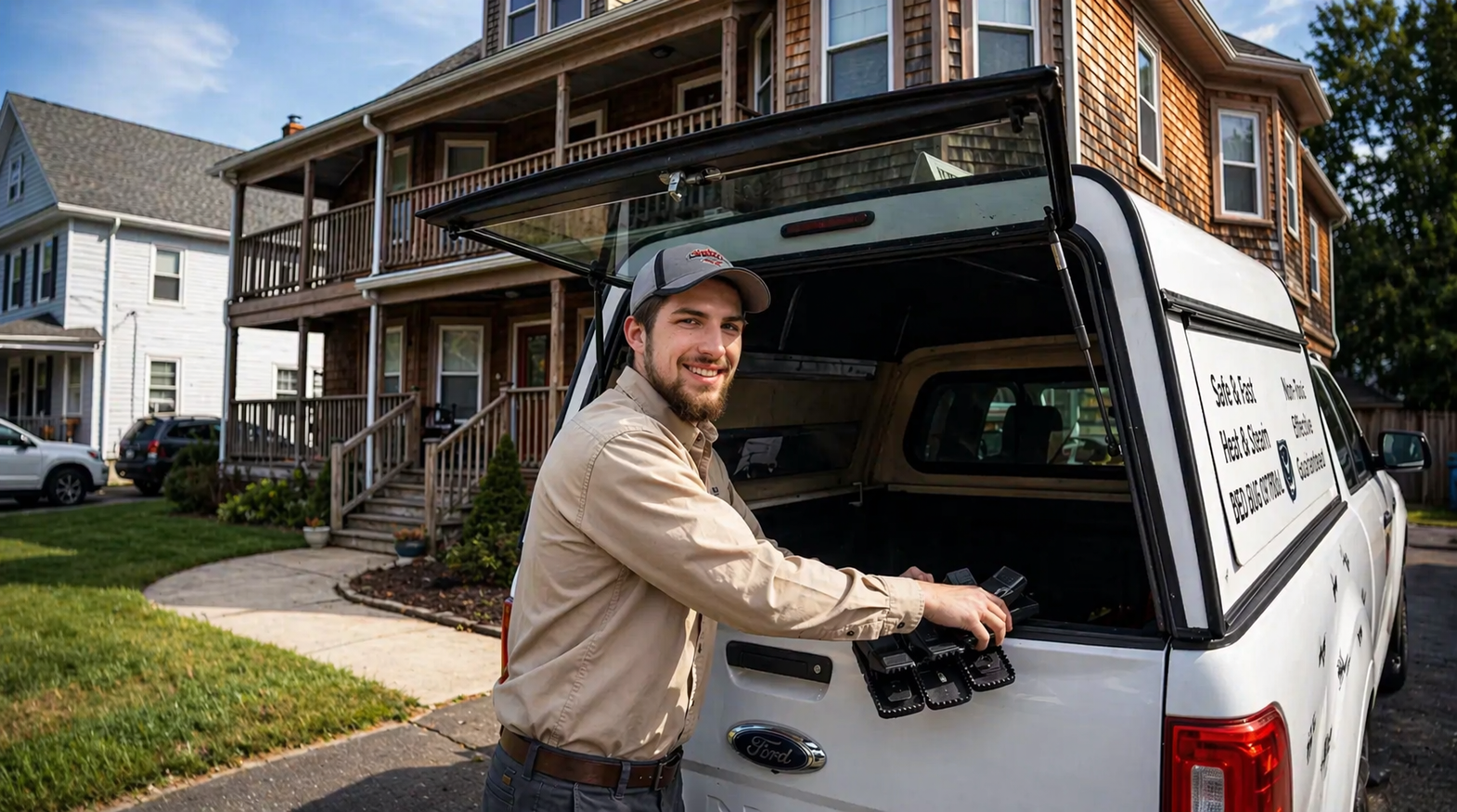 Man loading gear into a white pickup truck parked in front of a large house