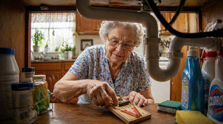 Older woman kneading dough at a kitchen counter, with flour, bottles, and pipes overhead.