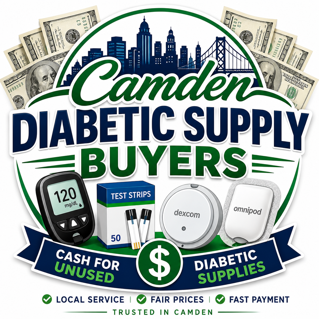 Camden Diabetic Supply Buyers logo with glucose meter, test strips, insulin vials, and cash for used diabetic supplies