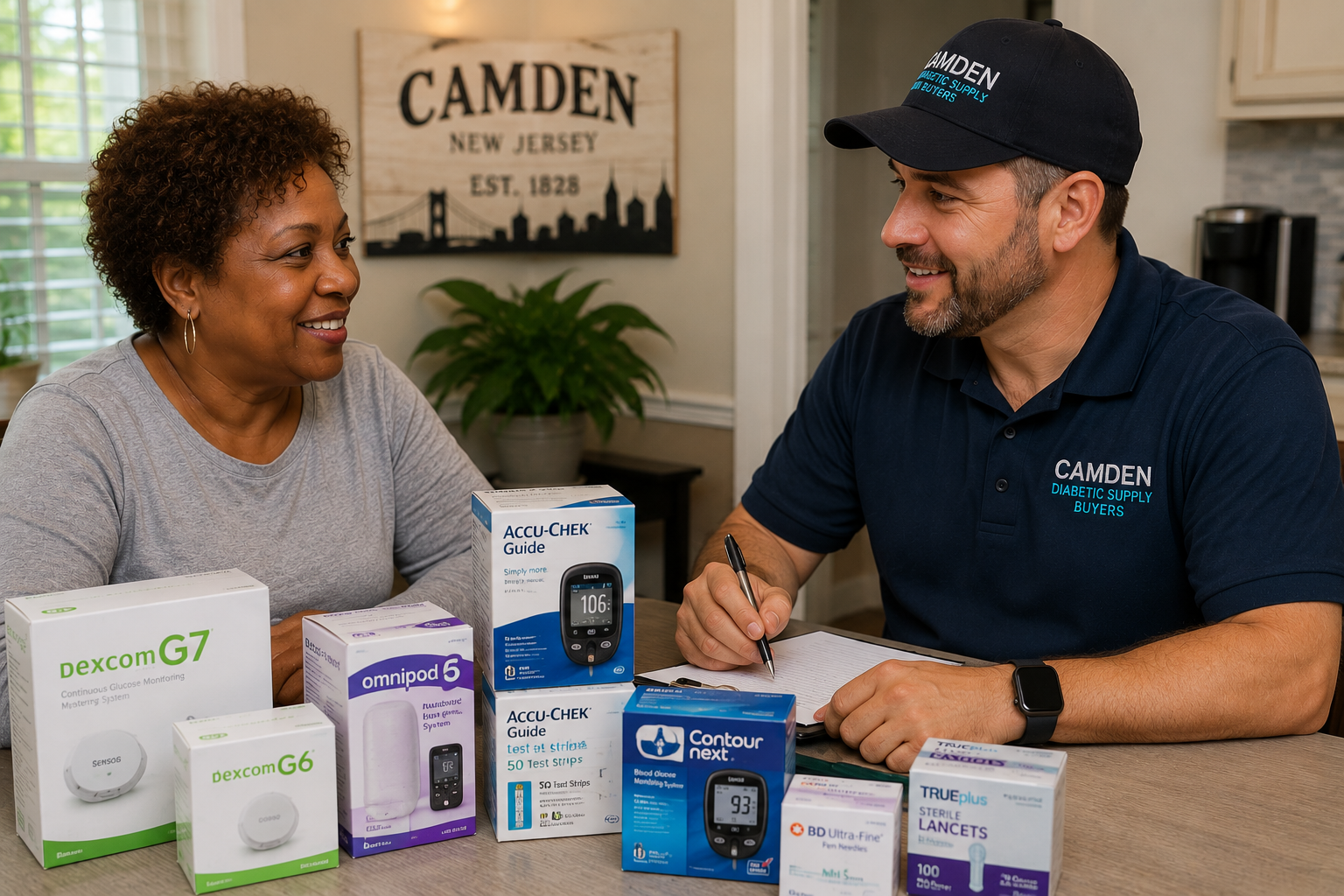 Two people smiling at a table with Camden-branded product boxes in an office setting