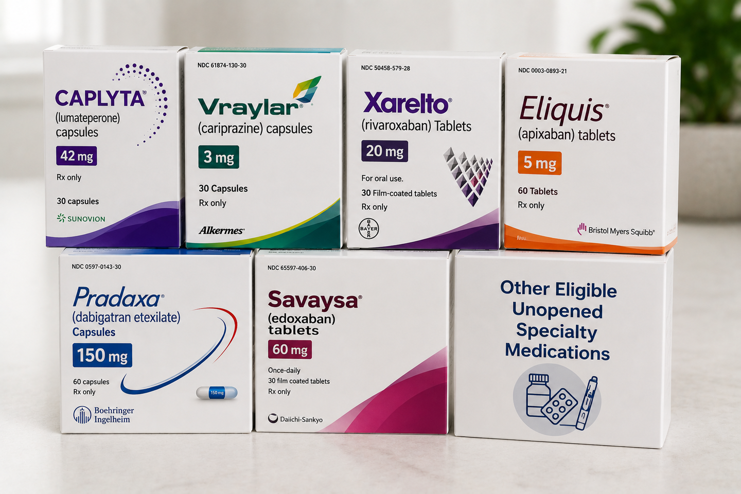 Assorted  boxes arranged in two rows, featuring Caplyta, Vraylar, Xarelto, Eliquis, Pradaxa, and Savaysa.
