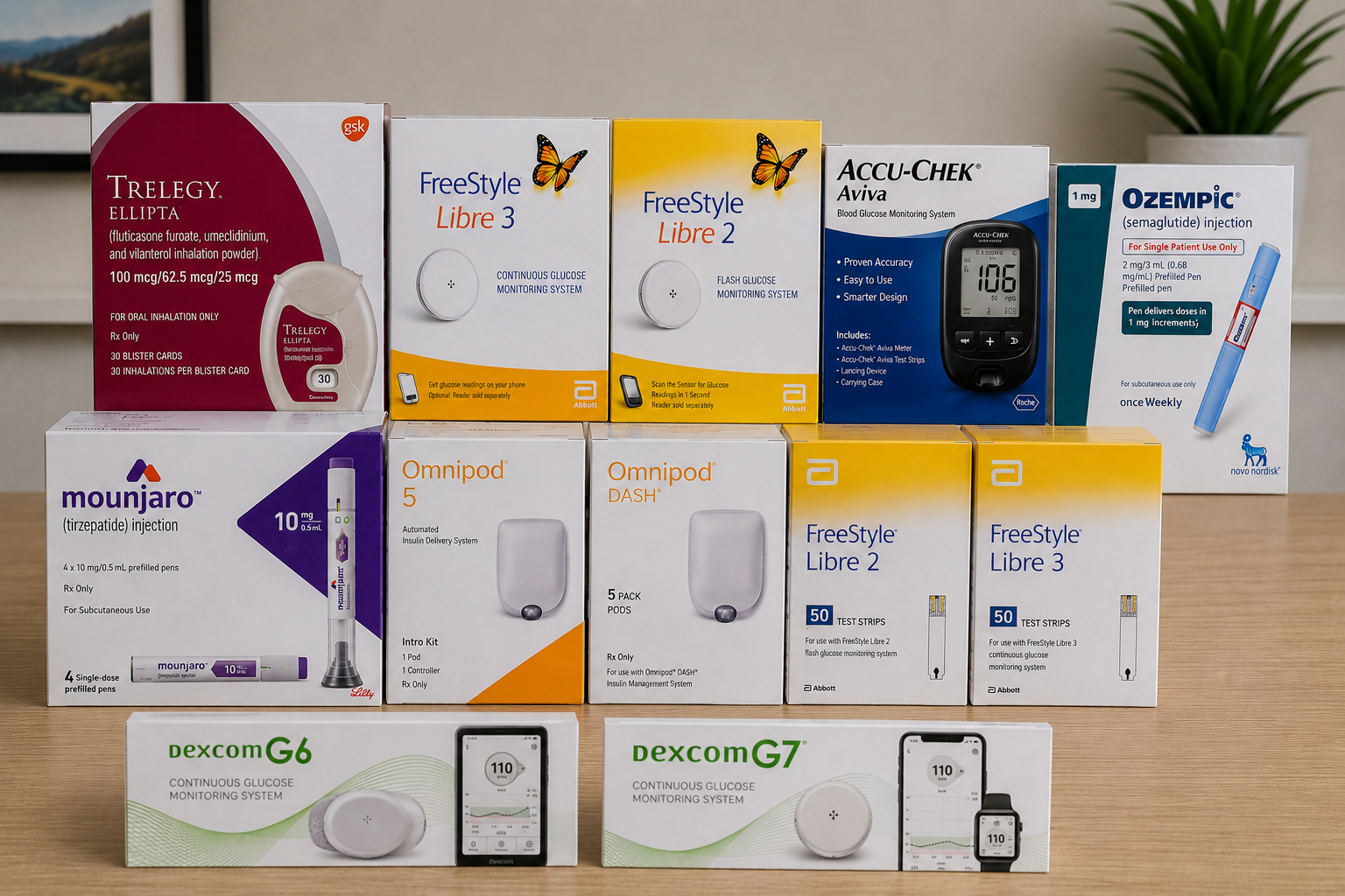 Assorted diabetes care products and devices arranged on a table, including Omnipod, Dexcom, and Ozempic boxes.