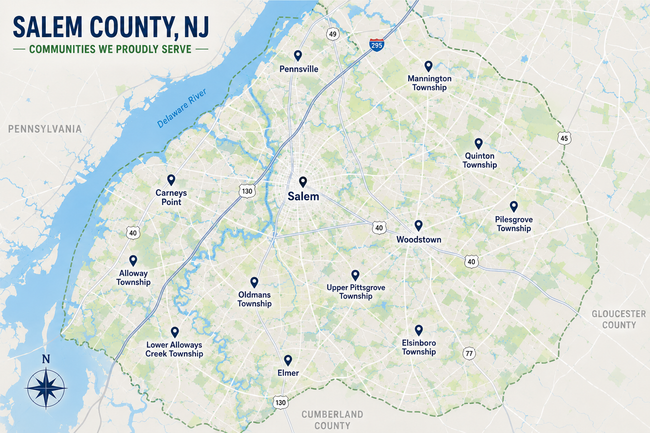 Map of Salem County, NJ with towns marked on a light background and blue water along the coast