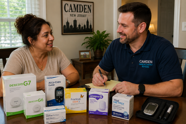 Two people discussing supplement products at a table in a home office setup