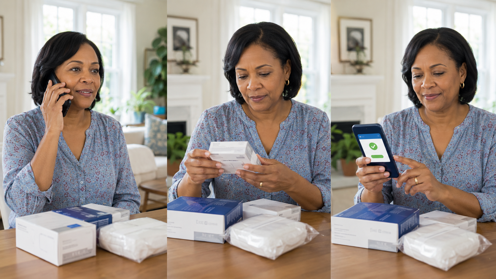Woman comparing medication boxes and checking a prescription label on her phone at a table