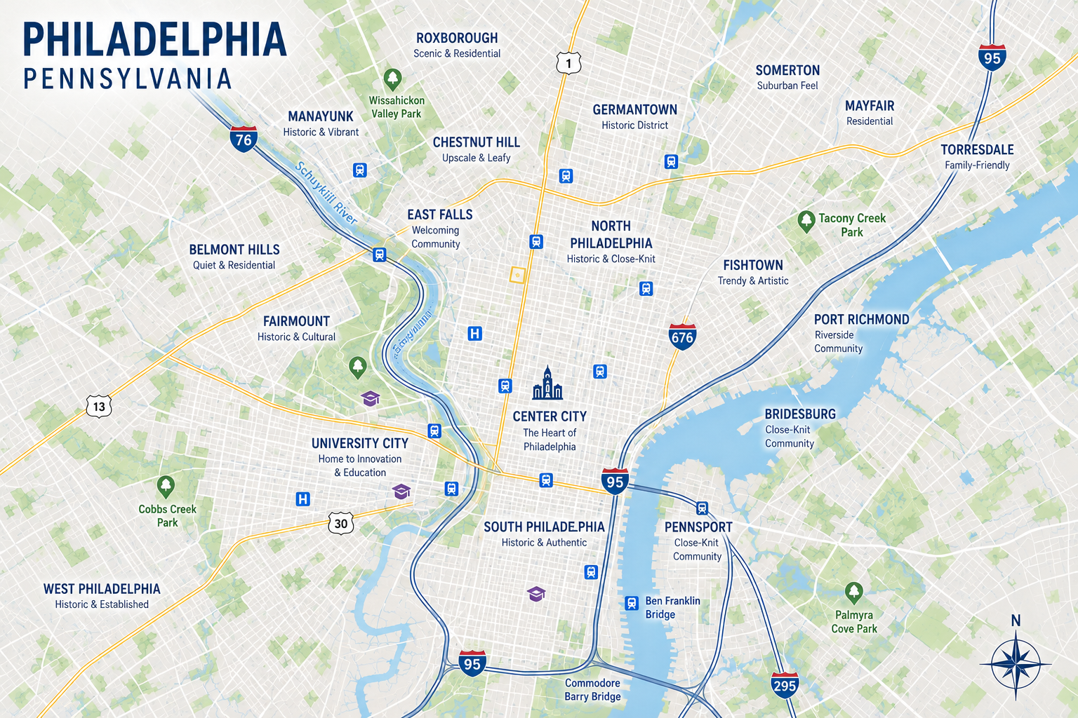 Map of Philadelphia, Pennsylvania, showing neighborhoods, rivers, roads, and downtown landmarks.