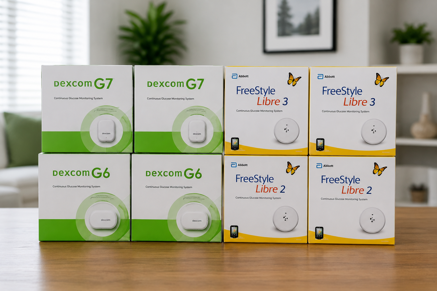 Boxes of Dexcom G6, G7, and Freestyle Libre 2 and 3 glucose monitors on a wooden table