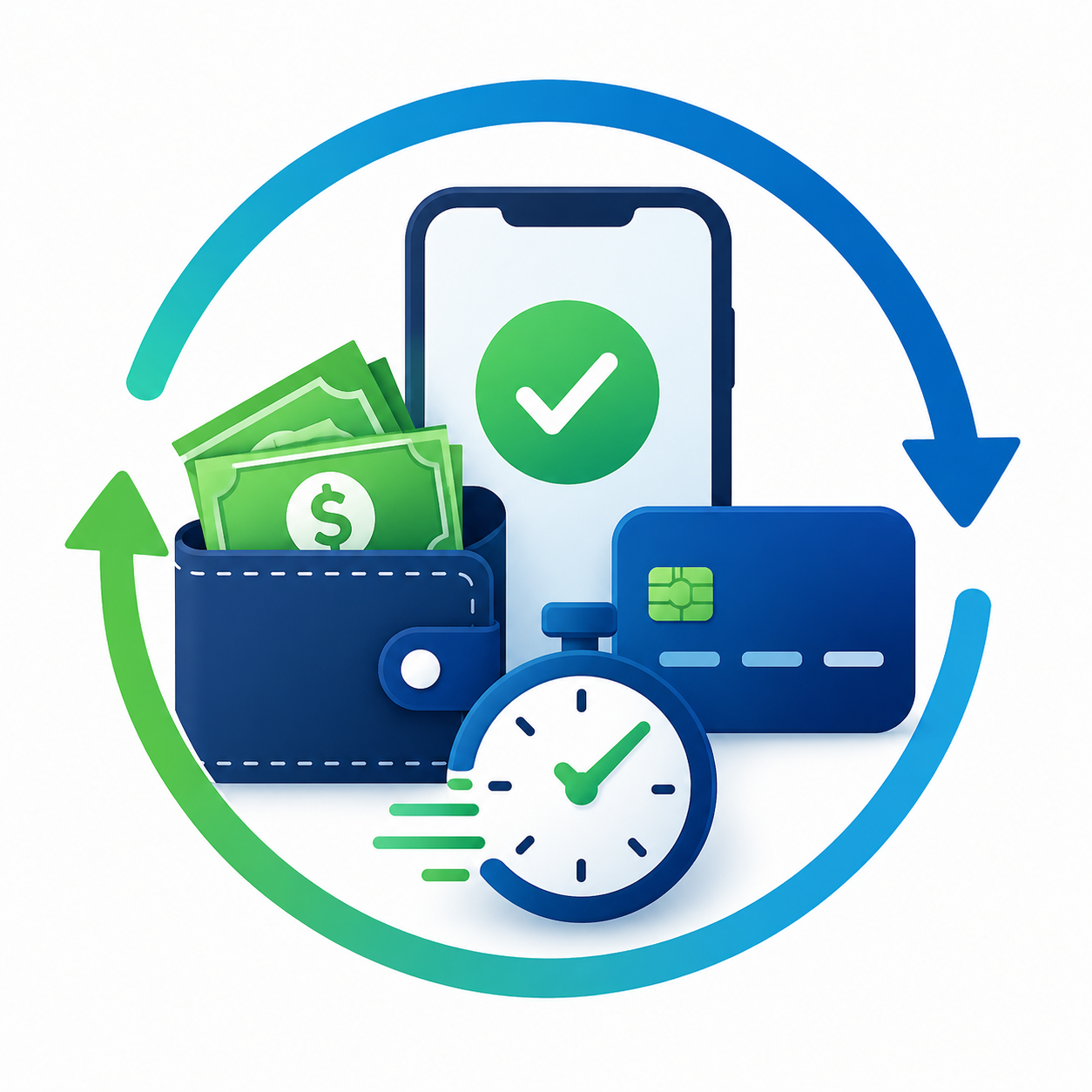 Digital wallet icon with cash, credit card, clock, and circular arrows in blue and green