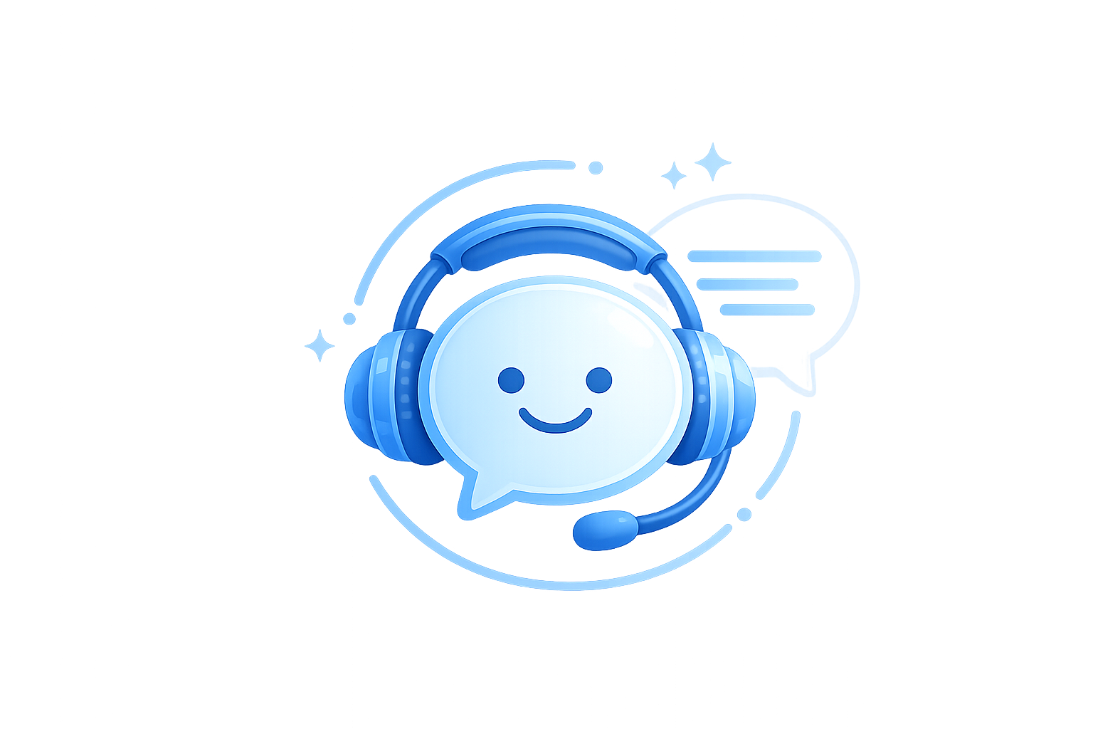 Blue smiling chat bubble wearing a headset with a microphone, with speech bubbles in the background