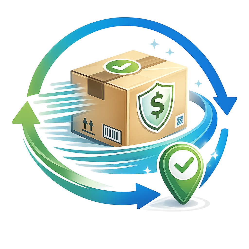 Eco-friendly shipping box with dollar shield and circular arrows, green check marks on a white background